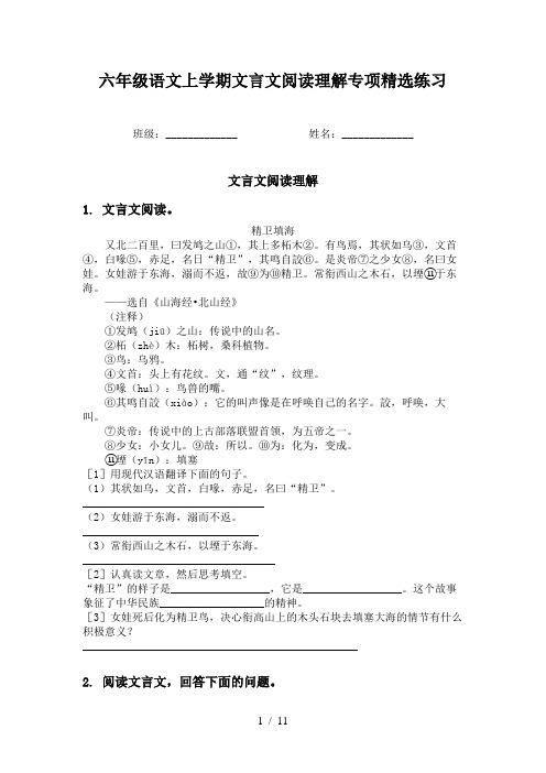 六年级语文上学期文言文阅读理解专项精选练习