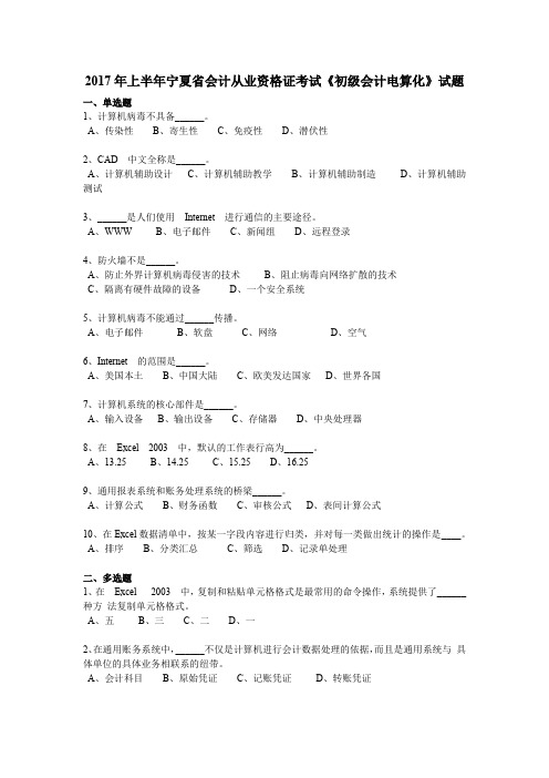 2017年上半年宁夏省会计从业资格证考试《初级会计电算化》试题