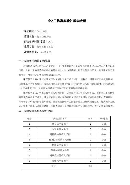 化工仿真试验教学大纲