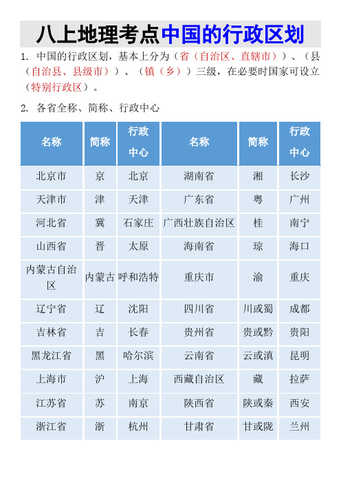 八上地理考点中国的行政区划