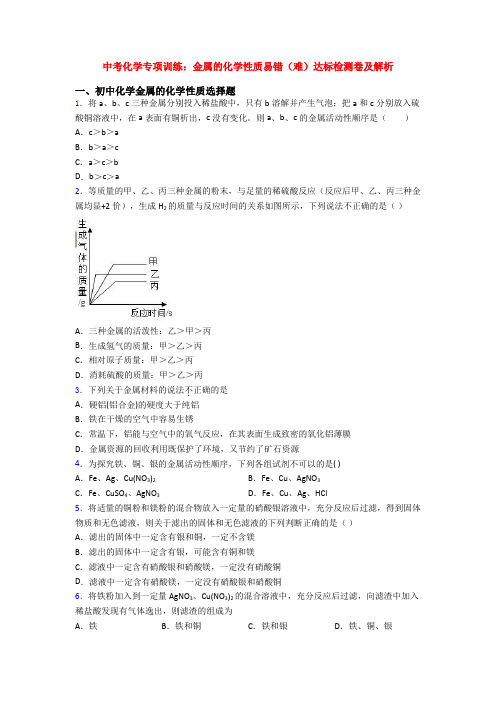 中考化学专项训练：金属的化学性质易错(难)达标检测卷及解析