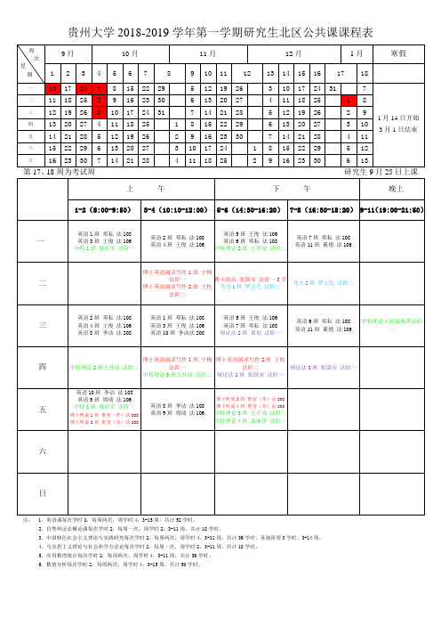 贵州大学2018-2019学年第一学期研究生北区公共课课程表