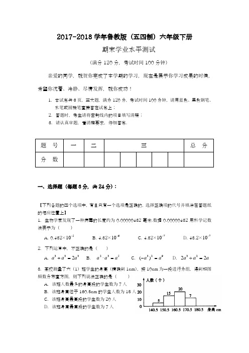 【新课标】2018年最新鲁教版五四制六年级数学下册期末复习学业水平测试题及答案解析