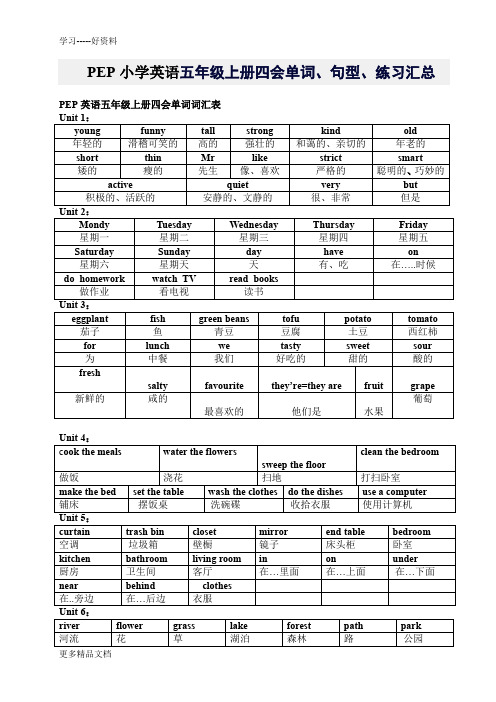 最新PEP小学英语五年级上册四会单词、句型、练习汇总