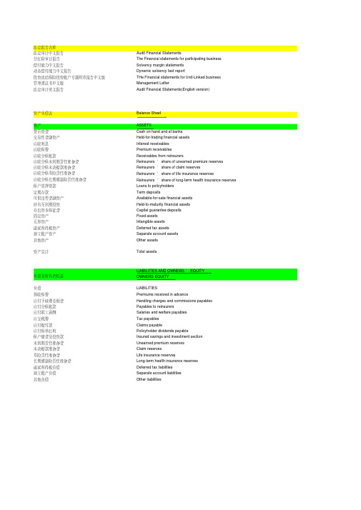 保险会计科目中英文对照表