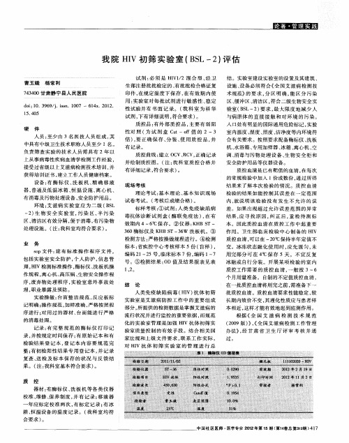 我院HIV初筛实验室(BSL-2)评估