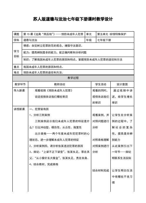 苏人版《道德与法治》七年级下册15.2《预防未成年人犯罪》教案