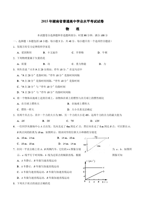 15-16年湖南省普通高中学业水平考试试卷