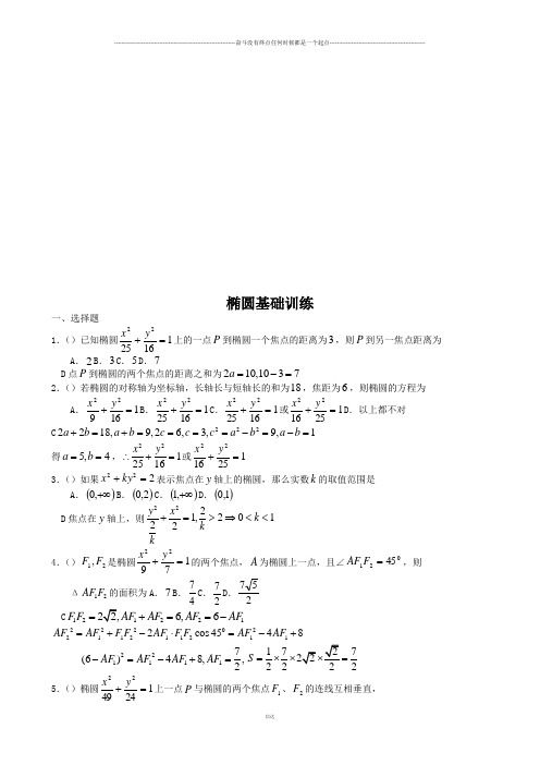 高中数学人教A版选修2-1椭圆基础训练