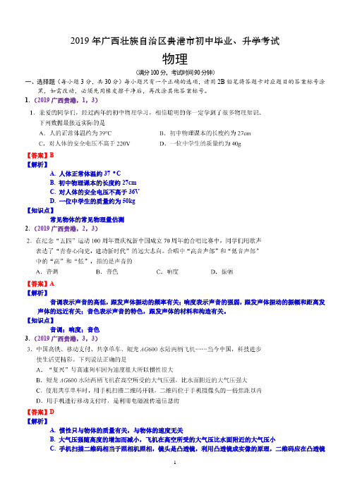 2019年广西贵港市中考物理试题(含解析)