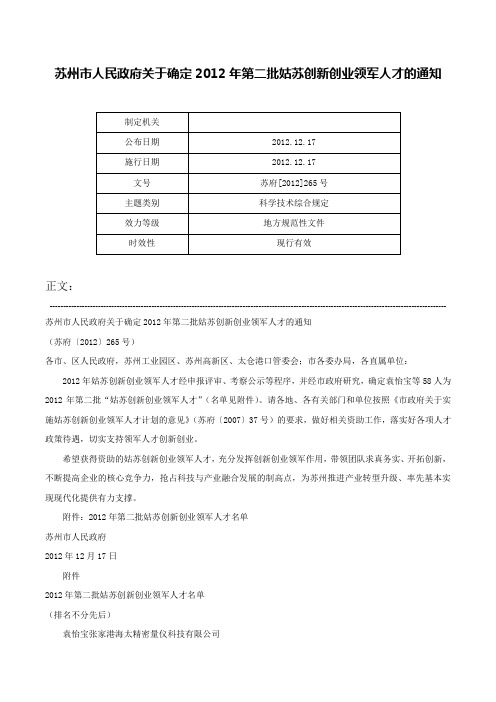 苏州市人民政府关于确定2012年第二批姑苏创新创业领军人才的通知-苏府[2012]265号