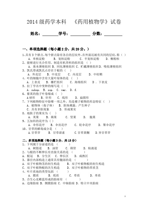 《药用植物学》试卷及答案