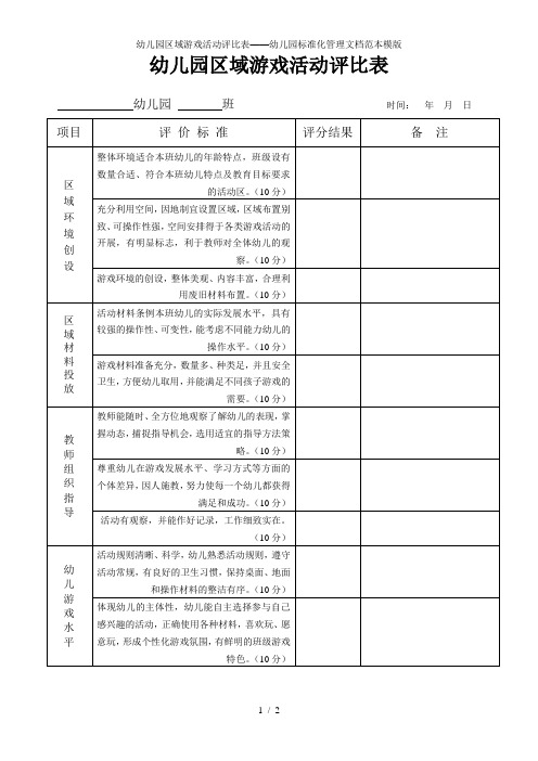 幼儿园区域游戏活动评比表——幼儿园标准化管理文档范本模版