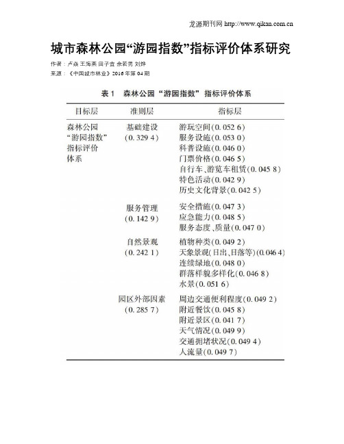 城市森林公园“游园指数”指标评价体系研究