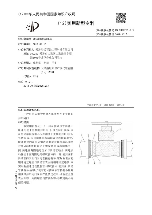 【CN209875114U】一种可捞式油管桥塞不压井用便于更换的井口闸门【专利】