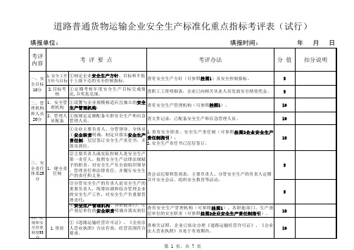 道路普通货物运输企业安全生产标准化重点指标考评表(小微企业)