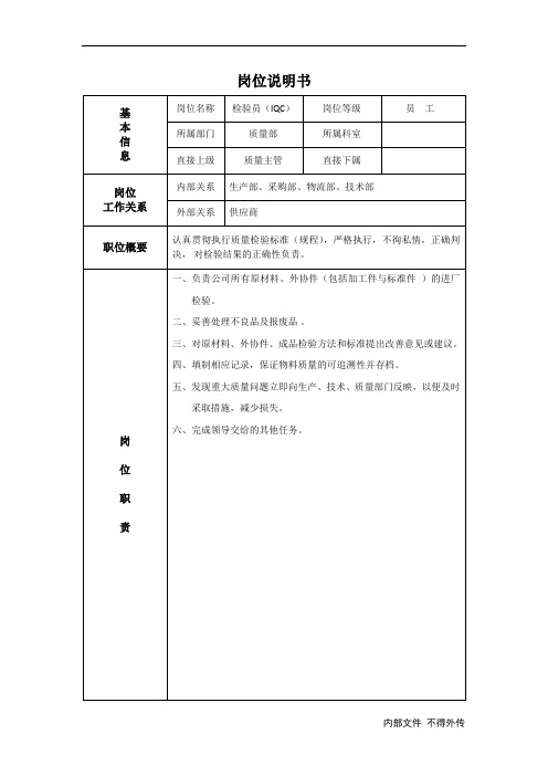 岗位说明书-检验员IQC