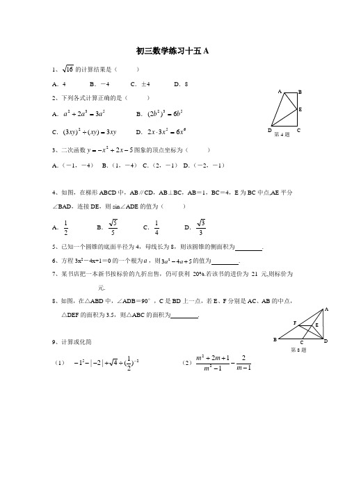 江苏省南京市溧水区孔镇中学16—17学年下学期九年级春季班数学练习题15A(无答案)