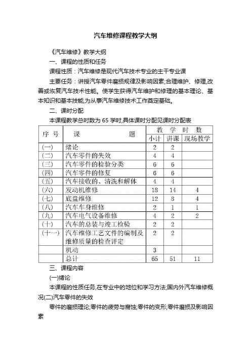 汽车维修课程教学大纲