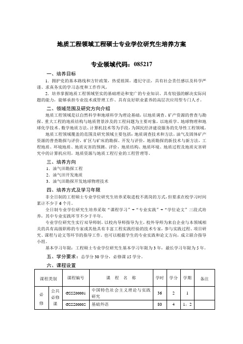 地质工程领域工程硕士专业学位研究生培养方案