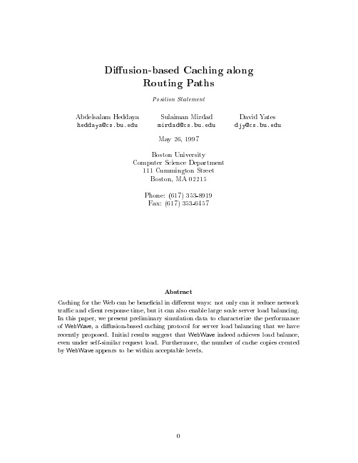 Diffusion-based caching along routing paths,” presented at NLANL Web Caching Workshop