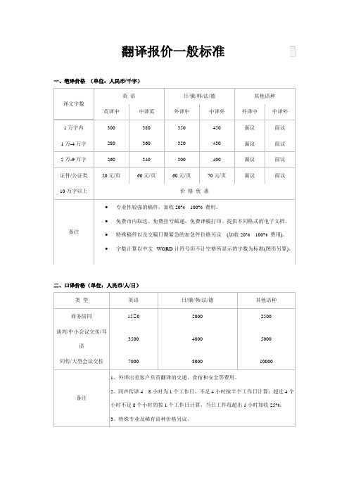 翻译报价一般标准