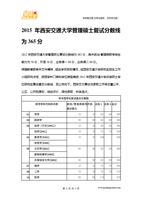 2015年西安交通大学管理硕士复试分数线是365分