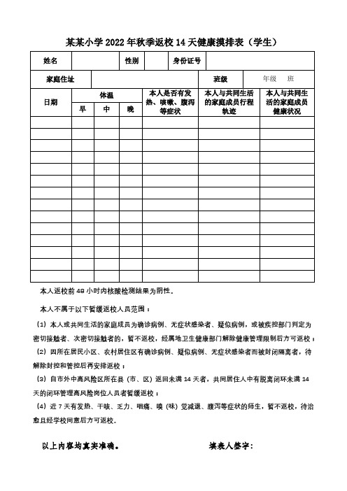 中小学复学返校14天健康摸排表(学生)