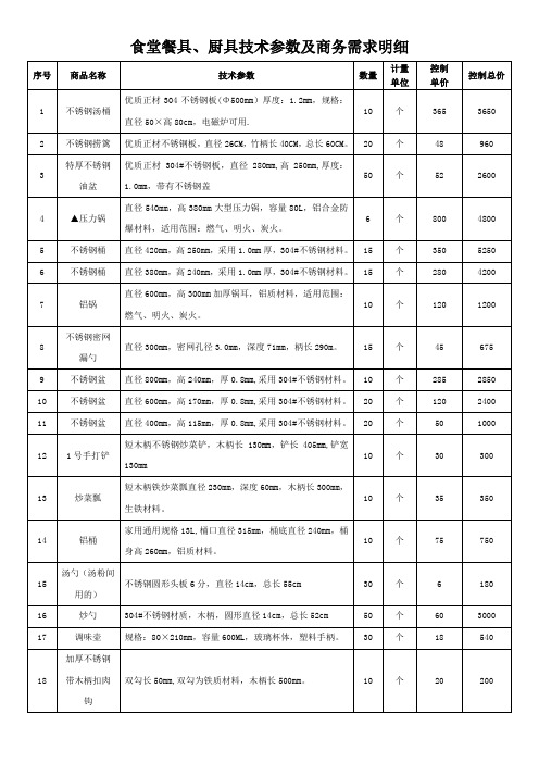 食堂餐具、厨具技术参数及商务需求明细