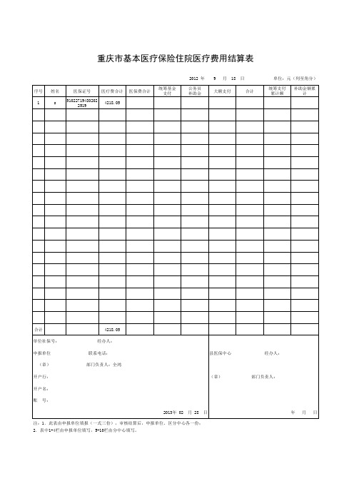 重庆市基本医疗保险住院医疗费用结算表-模版