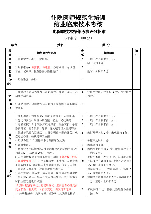 住院医师规范化培训(规陪)电除颤技术操作考核评分标准