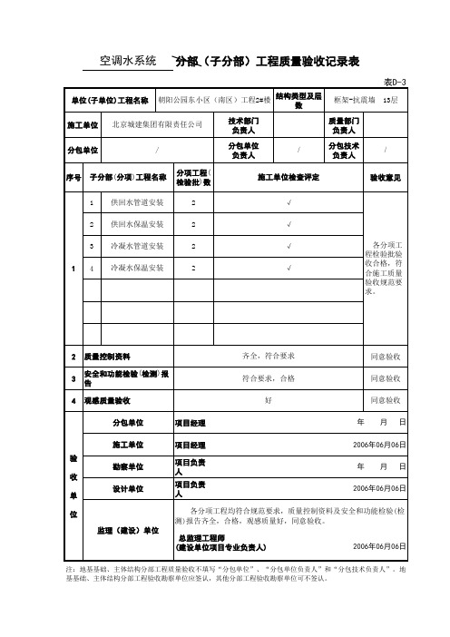 分部(子分部)工程质量验收记录表-空调水