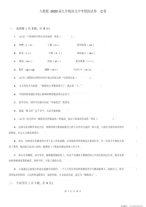 (精品文档)人教版2020届九年级语文中考模拟试卷C卷(20201213165504)