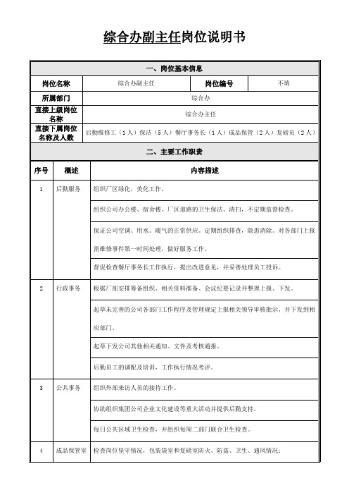 综合办办公室副主任岗位说明书