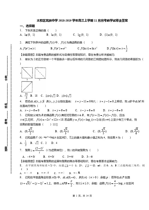 太和区民族中学2018-2019学年高三上学期11月月考数学试卷含答案