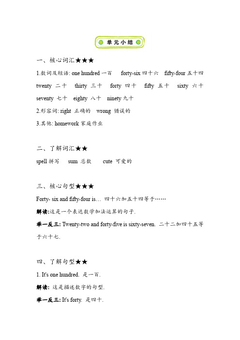 湘少版英语四年级英语上册Unit 9 It's one hundred知识清单