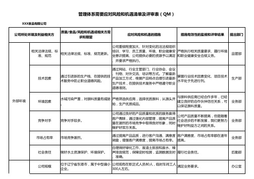 质量体系风险和机遇清单及评审表范例