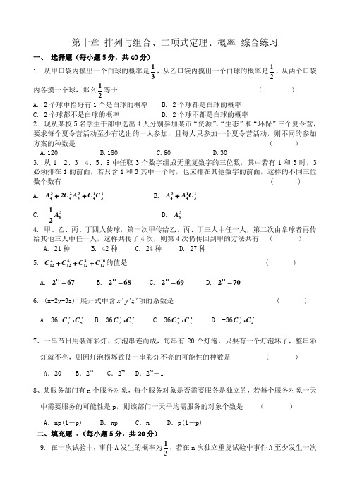 高中第二册(下A)数学第十章 排列与组合、二项式定理、概率 综合练习