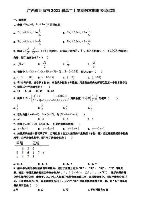 广西省北海市2021届高二上学期数学期末考试试题