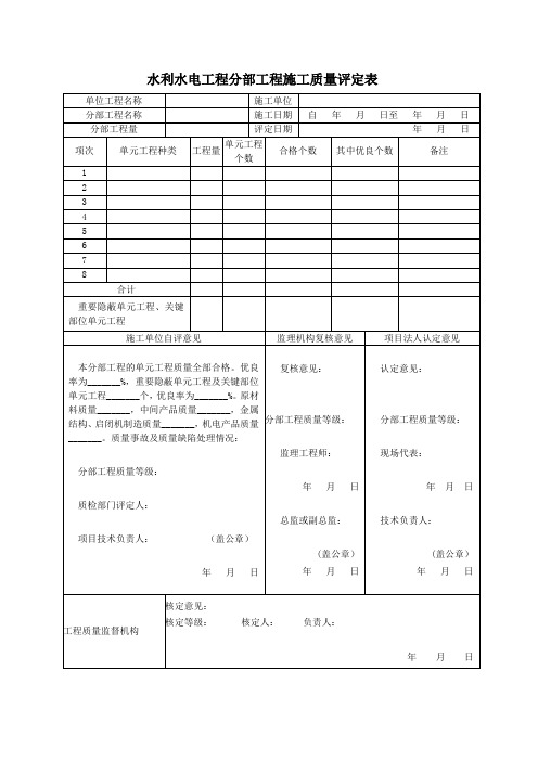 水利水电工程分部工程施工质量评定表