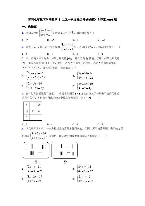 苏科七年级下学期数学《 二元一次方程组考试试题》含答案.word版