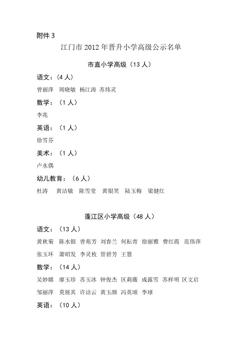 江门市2012年中级、初级公示名单