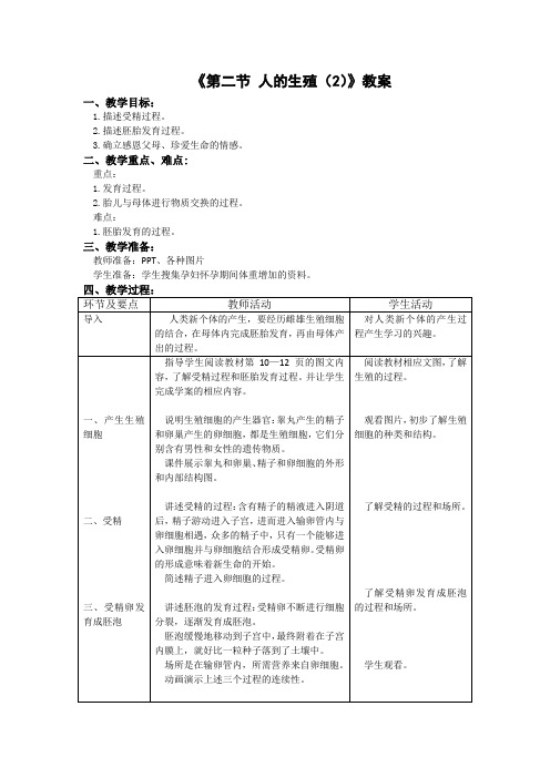 七年级下册生物-第一章第二节 人的生殖(第2课时)【教案】