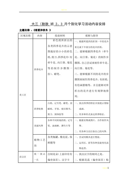 春夏和秋冬大班个别化区角方案