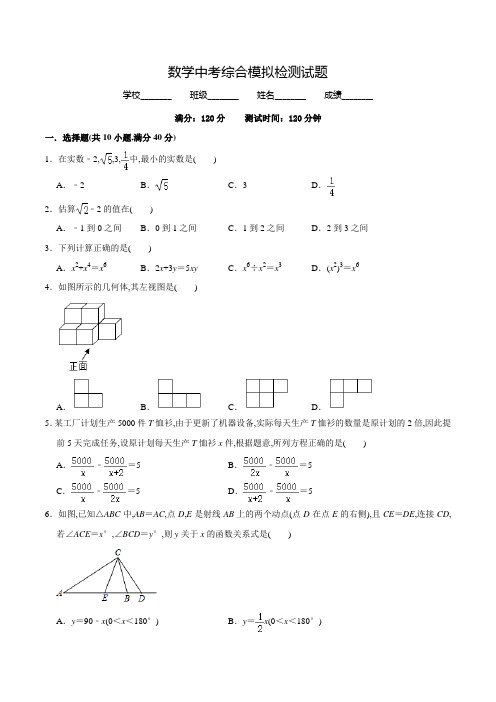 数学中考冲刺模拟测试题(含答案解析)