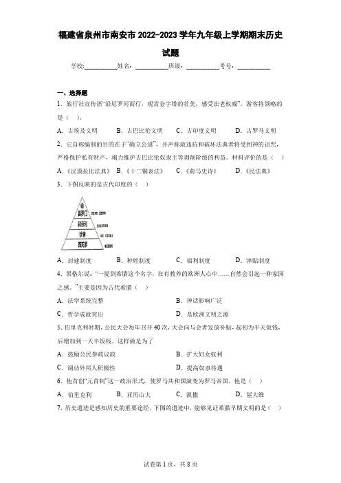 福建省泉州市南安市2022-2023学年九年级上学期期末历史试题(含答案)