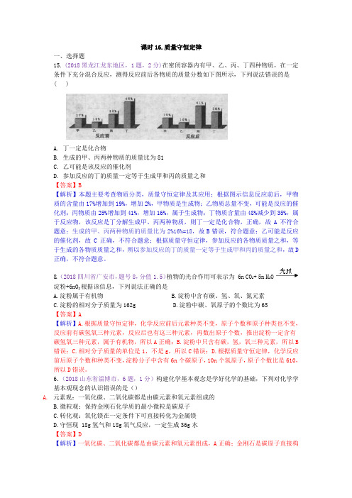 真题汇编-2018年全国化学中考真题分类课时16.质量守恒定律