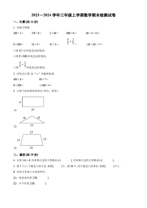 2023-2024学年数学三年级上册《期末考试卷》含答案解析