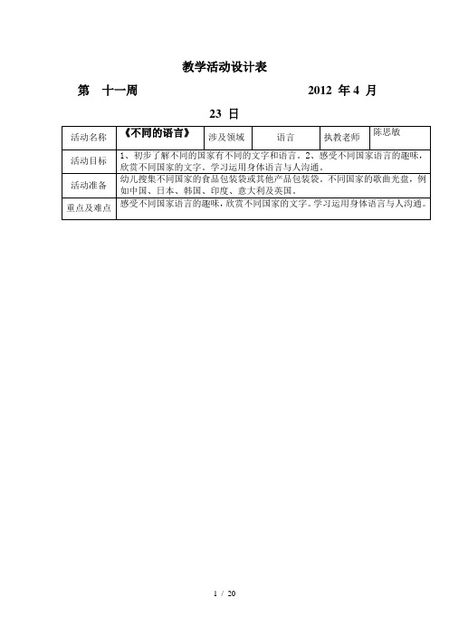 坑头幼儿园2011学年第二学期大三班备课,第十一周