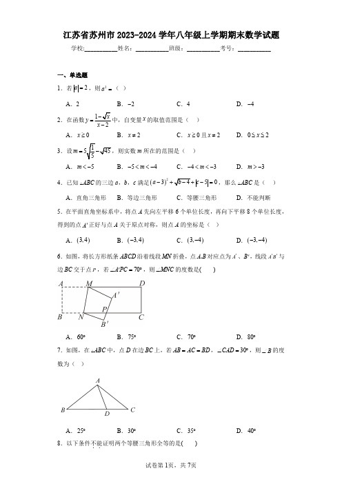 江苏省苏州市2023-2024学年八年级上学期期末数学试题